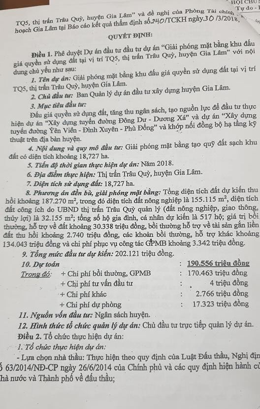 UBND huyện Gia Lâm sử dụng 202,1 tỷ đồng tiền ngân sách Nhà nước để giải phóng mặt bằng khu đất TQ5.